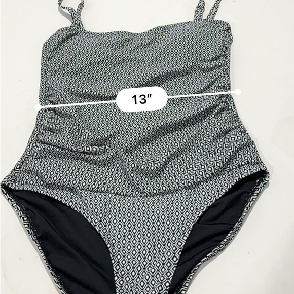 DKNY Bandeau Maillot One Piece Swimsuit Black & White Geometric Print size large - Picture 12 of 15
